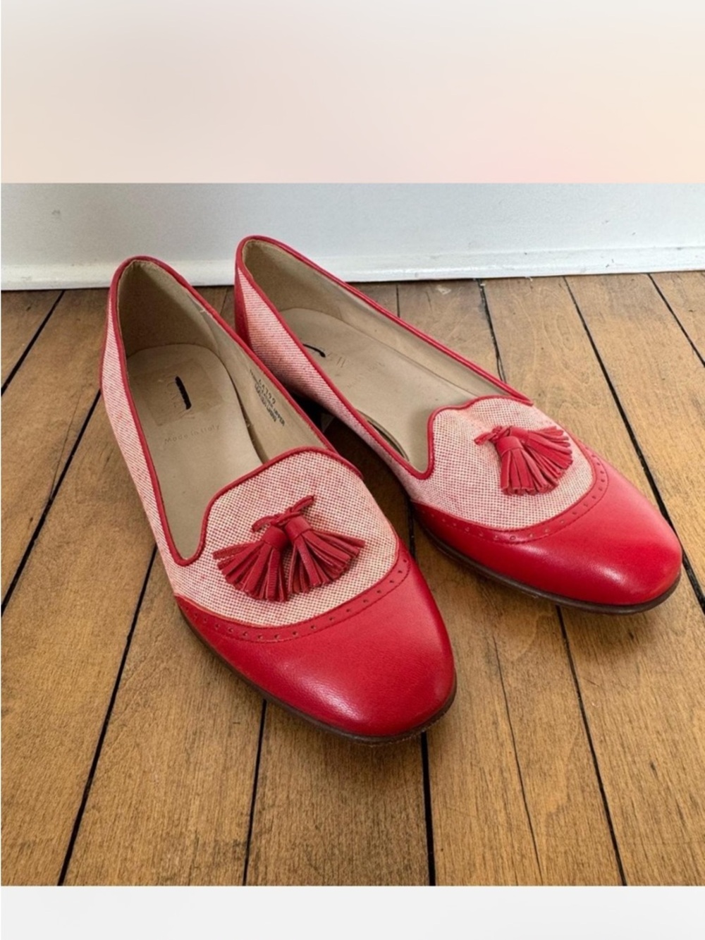J. Crew Red Leather and Canvas Tassel Loafers